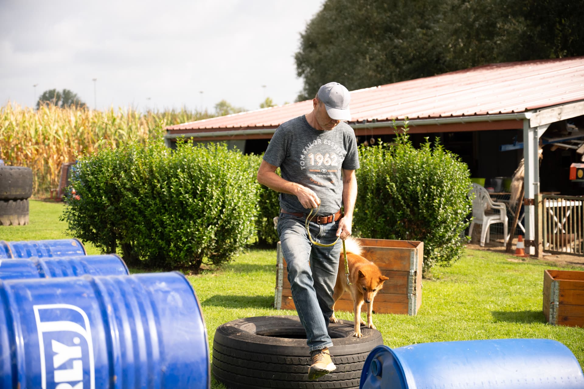 Baasje en hond stappen samen over een band